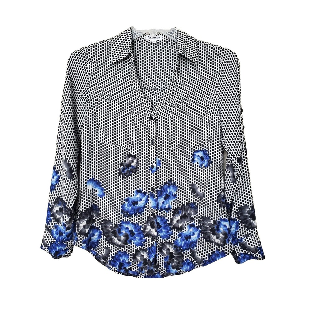 Express Portofino Geo Floral Print Roll-Tab Sleeve Button-Up Shirt Size Small